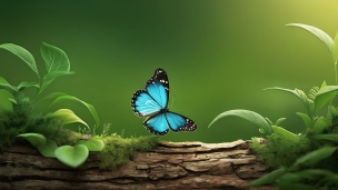 苔が生えた木と水色の蝶 / 綺麗のフリー素材・写真・画像