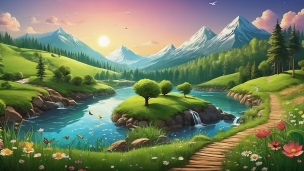 自然豊かな景観 / 湖 / 黄色い蝶 / ピンクの花 / 雪山 / 夕陽のフリー素材・写真・画像