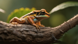 木にとまるオレンジ・黄色・黒の蛙のフリー素材・写真・画像