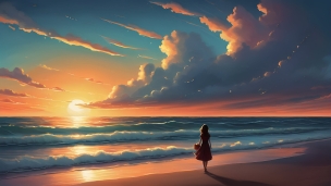 夕暮れの海を眺める女性の後ろ姿 / 夕陽のフリー素材・写真・画像