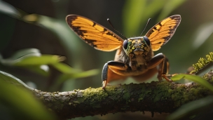 木にとまる羽の生えた蛾のような生き物のフリー素材・写真・画像