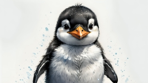 水飛沫と可愛いペンギンの子供のフリー素材・写真・画像