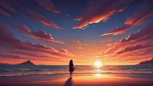 海辺で夕陽を見る女性のフリー素材・写真・画像