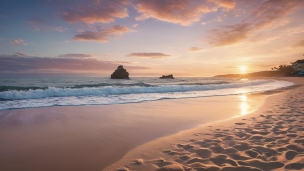 夕暮れの海 / 夕陽 / 押し寄せる波 / 砂浜のフリー素材・写真・画像
