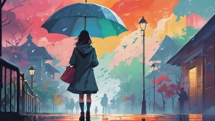 水色の傘をさし水色のコートを着た女の子の後ろ姿 / ピンクの鞄 / カラフルな空のフリー素材・写真・画像