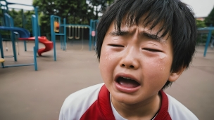 公園で号泣する赤・白の服を着た男の子 / 日本人のフリー素材・写真・画像