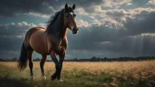 緑の草地を闊歩する茶色い馬のフリー素材・写真・画像