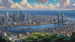 海沿いの大都会 / 港 / 都市開発のフリー素材・写真・画像