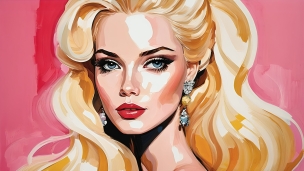 モデル風の金髪の女性 / ピンク地 / 赤い口紅のフリー素材・写真・画像
