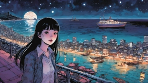 夜の海 / 海沿いの街 / こちらを見つめる少女 / 航行する船 / 星空のフリー素材・写真・画像