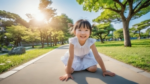 公園内の歩道にしゃがんで手をつく笑顔の女の子のフリー素材・写真・画像