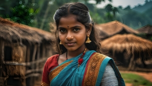 こちらを見つめる鮮やかな衣装を着たスリランカの女性のフリー素材・写真・画像