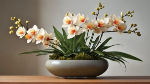 白い花の植木 / 緑の苔 / 灰色の鉢のフリー素材・写真・画像