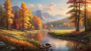 曲がりくねった川と紅葉 / 綺麗 / 雪山 / 長閑な風景のフリー素材・写真・画像