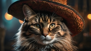 茶色の帽子を被った凛々しい猫のフリー素材・写真・画像