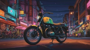 道に停車する緑のバイク / 夜の街のフリー素材・写真・画像