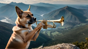 山頂でトランペットを吹く茶色い犬のフリー素材・写真・画像