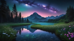 曲がりくねった透明な川と山と星空のフリー素材・写真・画像
