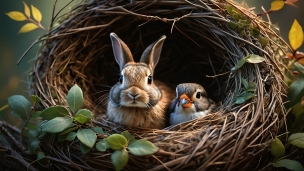 鳥の巣に入っている可愛い兎と鳥のフリー素材・写真・画像