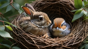 鳥の巣に入った兎と鳥のフリー素材・写真・画像
