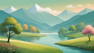 曲がりくねった川 / 緑・ピンクの木 / 山脈 / 綺麗 / アートのフリー素材・写真・画像