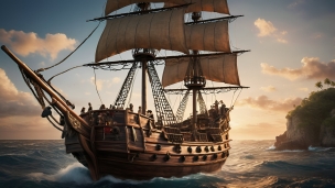 大海原を航行する茶色い海賊船 / パイレーツのフリー素材・写真・画像