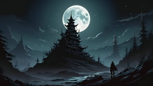 満月と古城とそれを見つめる戦士 / イラストのフリー素材・写真・画像