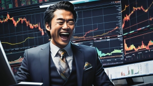 株価上昇で高笑いをする黒いスーツ姿の日本人トレーダー / 株式投資 / 株価チャートのフリー素材・写真・画像