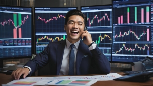 電話をしながら笑いがとまらない男性トレーダー / 株式 / 投資 / 株価チャートのフリー素材・写真・画像