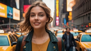 ニューヨークの街並みとイエローキャブと笑顔のブロンドの女性のフリー素材・写真・画像