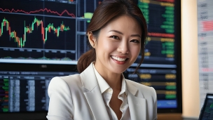 白いスーツを着た笑顔の女性トレーダー / 株式投資 / 株価 / 金融 / 証券のフリー素材・写真・画像