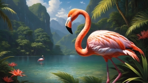 2羽のピンクのフラミンゴと大自然に囲まれた湖のフリー素材・写真・画像