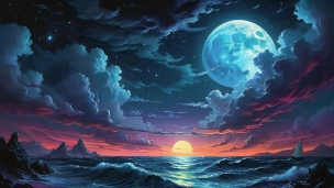黄色い太陽と青い月と大海原 / ヨットのフリー素材・写真・画像