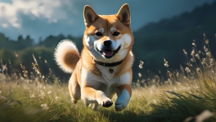 草原を走る可愛い柴犬 / 首輪のフリー素材・写真・画像