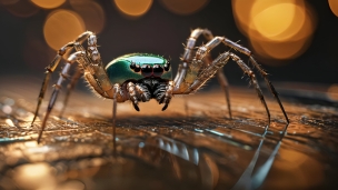 乱反射する光と緑色の蜘蛛のフリー素材・写真・画像
