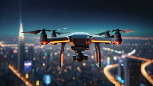 街中を飛ぶカメラが付いたドローン / テクノロジーのフリー素材・写真・画像