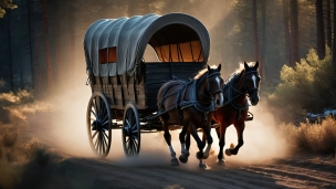 砂煙を上げて走る馬車のフリー素材・写真・画像