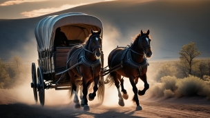 荒野を走る馬車 / 幌馬車のフリー素材・写真・画像