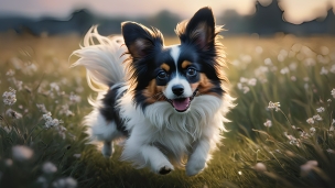 草原を走るパピヨン / 可愛い / 黒・白・茶色の犬のフリー素材・写真・画像