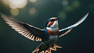 羽を広げた青と赤茶の可愛い鳥のフリー素材・写真・画像