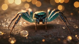 水滴と緑の蜘蛛のフリー素材・写真・画像