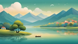 綺麗な大自然 / 湖 / 木のボート / 雲 / 緑の基調のフリー素材・写真・画像