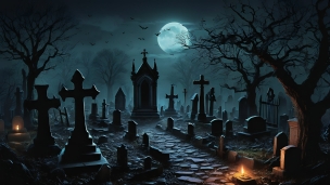 満月とコウモリと墓地のフリー素材・写真・画像