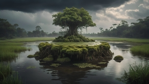 池の中央の小島の上にある大樹のフリー素材・写真・画像