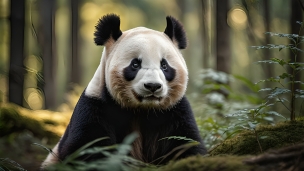 森の中、座るパンダのフリー素材・写真・画像