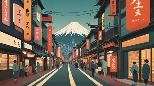 富士山が見える街並み / 下町 / イラストのフリー素材・写真・画像