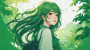 緑の自然の中、振り返る緑の髪色の女性 / 美人のフリー素材・写真・画像
