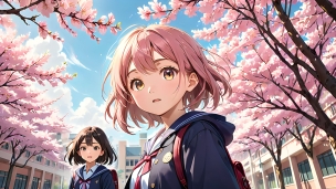 満開の桜と赤いリュックを背負った二人の可愛い女の子のフリー素材・写真・画像
