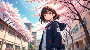 桜が咲く学校とこちらを見つめる可愛い女子高生のフリー素材・写真・画像