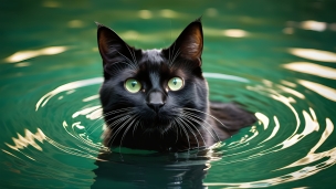 水の中でこちらを見つめる黒猫のフリー素材・写真・画像